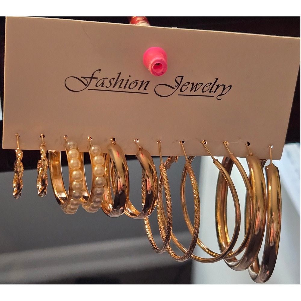 Fashion Jewelry Gold Tone Hoop Earring Set 6 Pairs Faux Pearl Twisted Textured‎